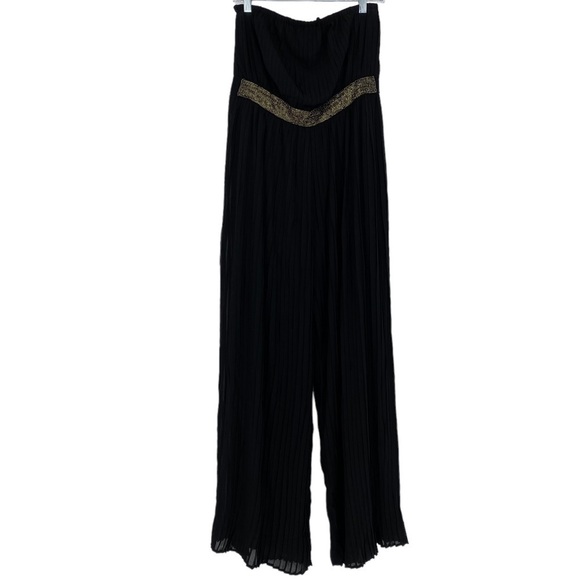 F21 black pleated beaded belt strapless wide leg jumpsuit, L - Picture 1 of 13